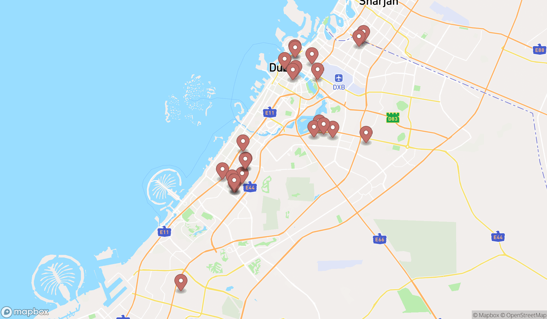 Map showing the search results in Dubai