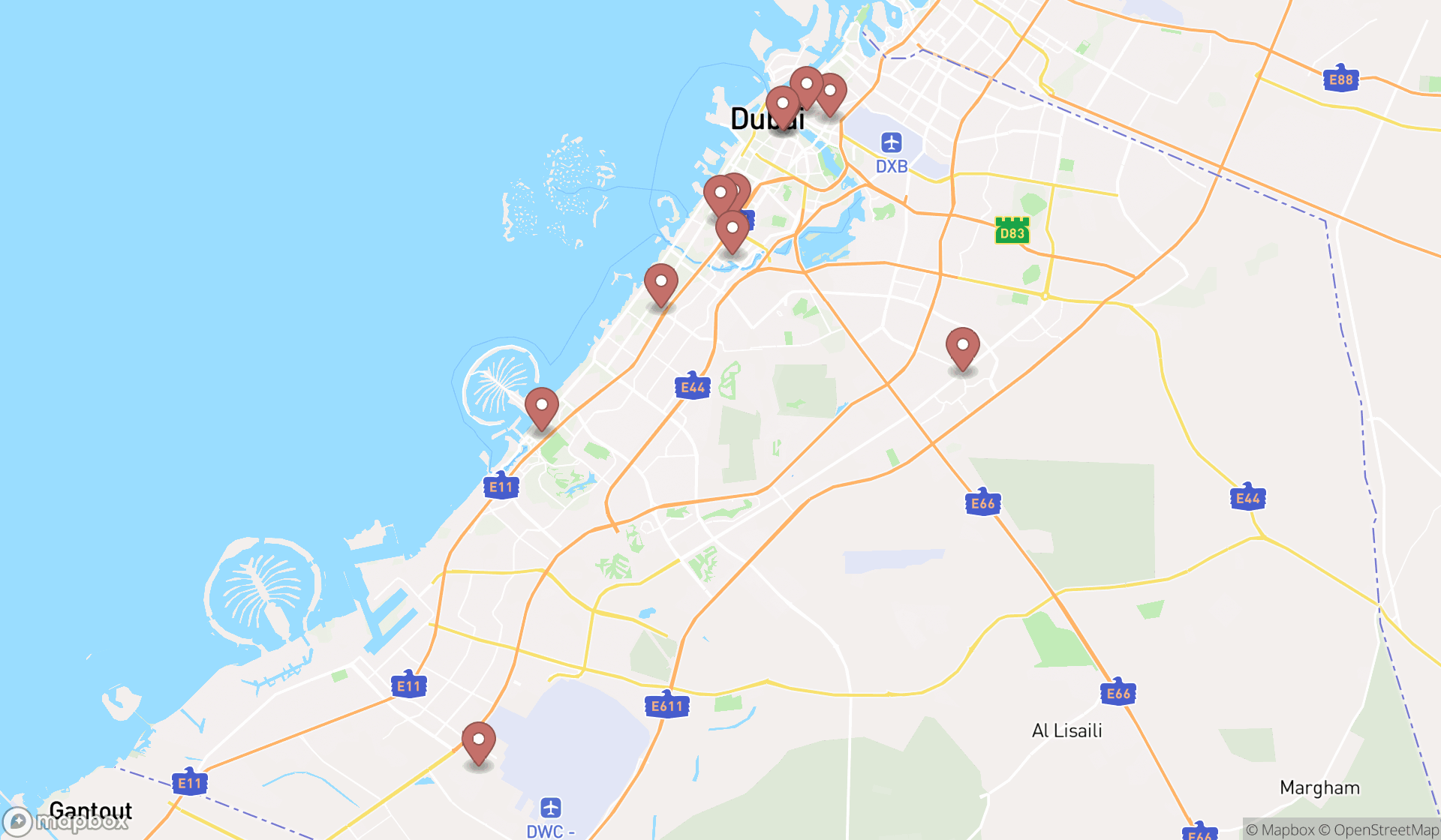 Map showing the search results in Dubai
