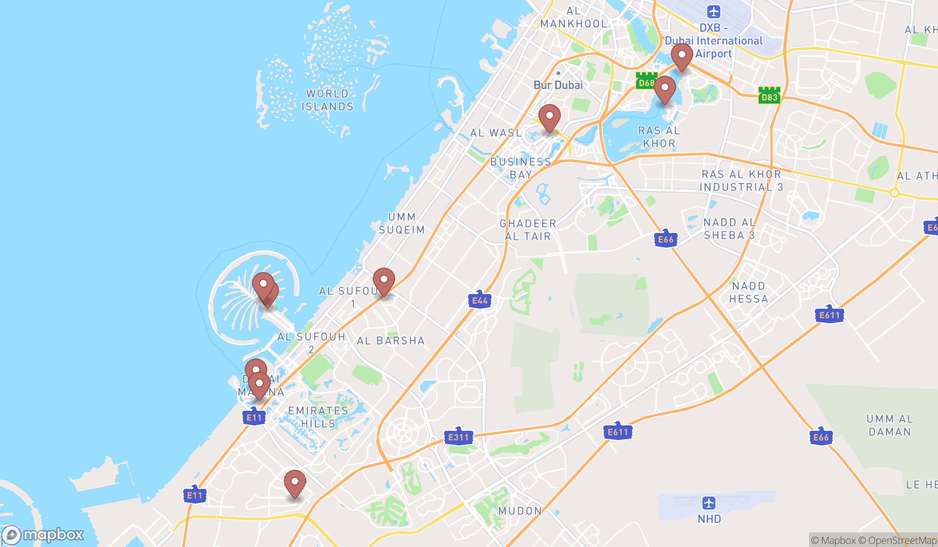 Map showing the search results in Dubai