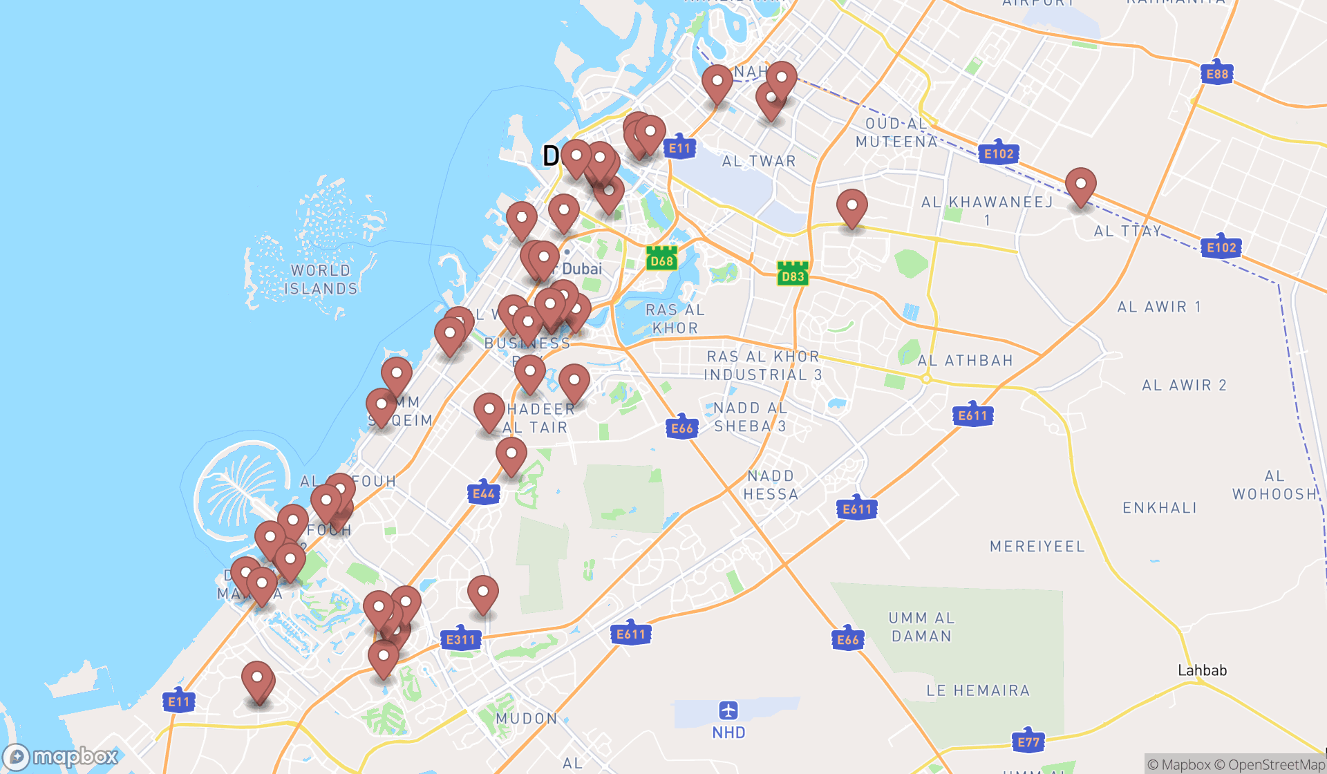 Map showing the search results in Dubai