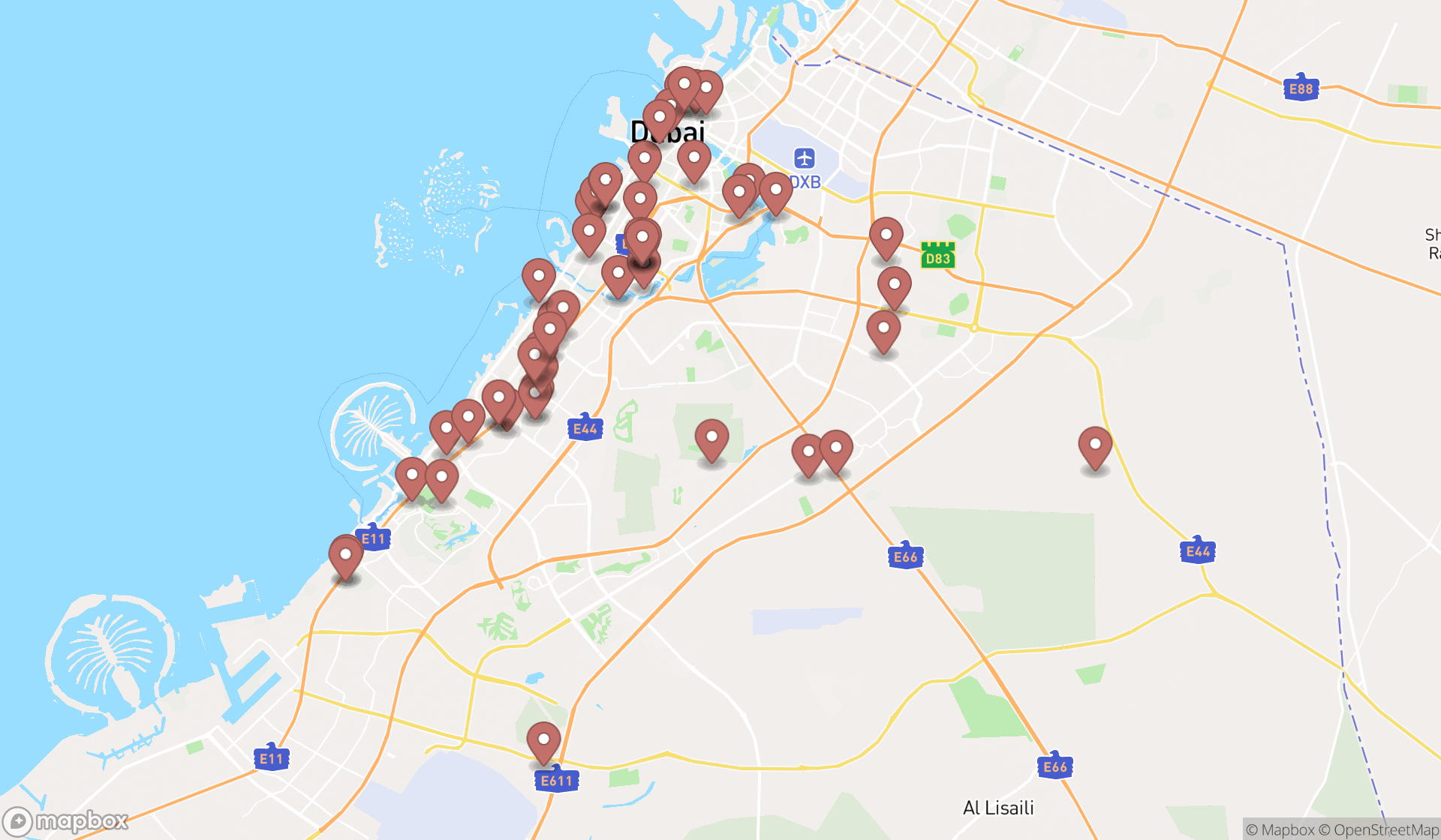 Map showing the search results in Dubai