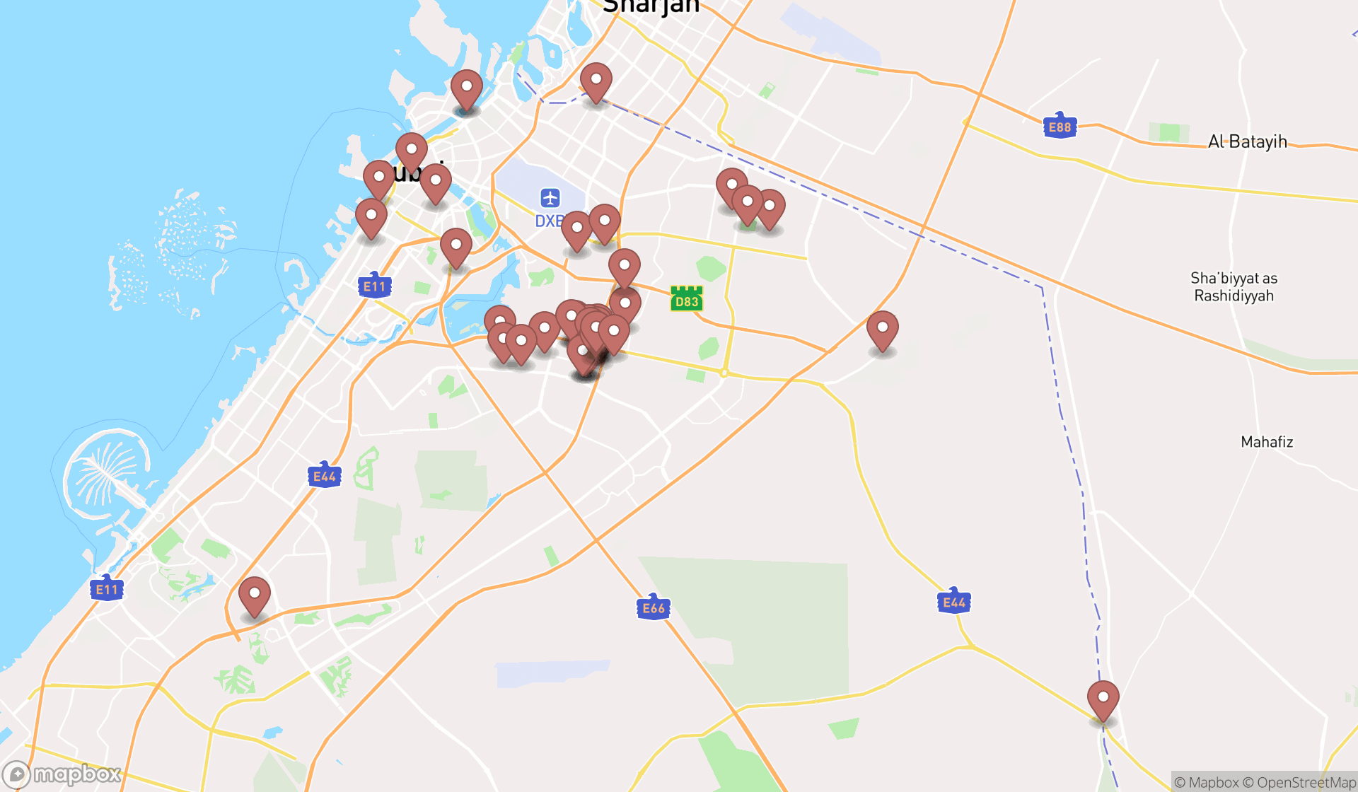 Map showing the search results in Dubai