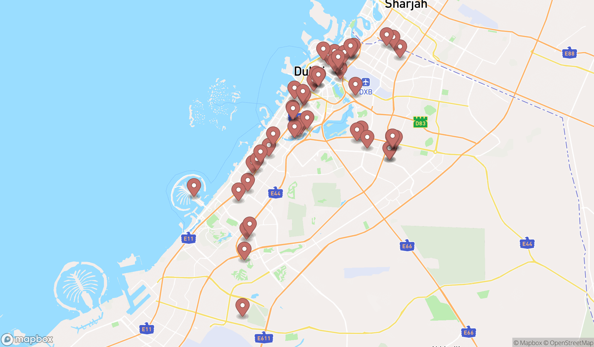 Map showing the search results in Dubai