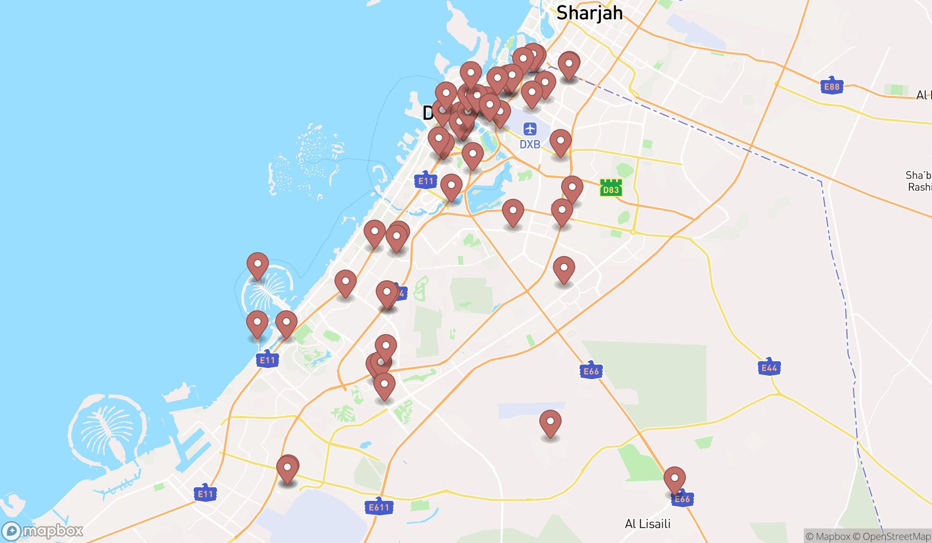 Map showing the search results in Dubai
