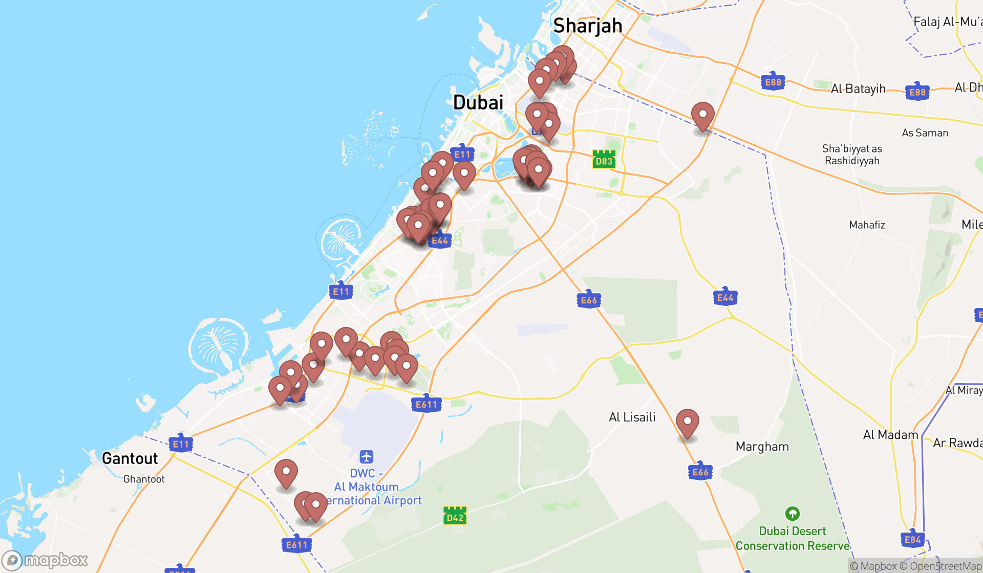 Map showing the search results in Dubai
