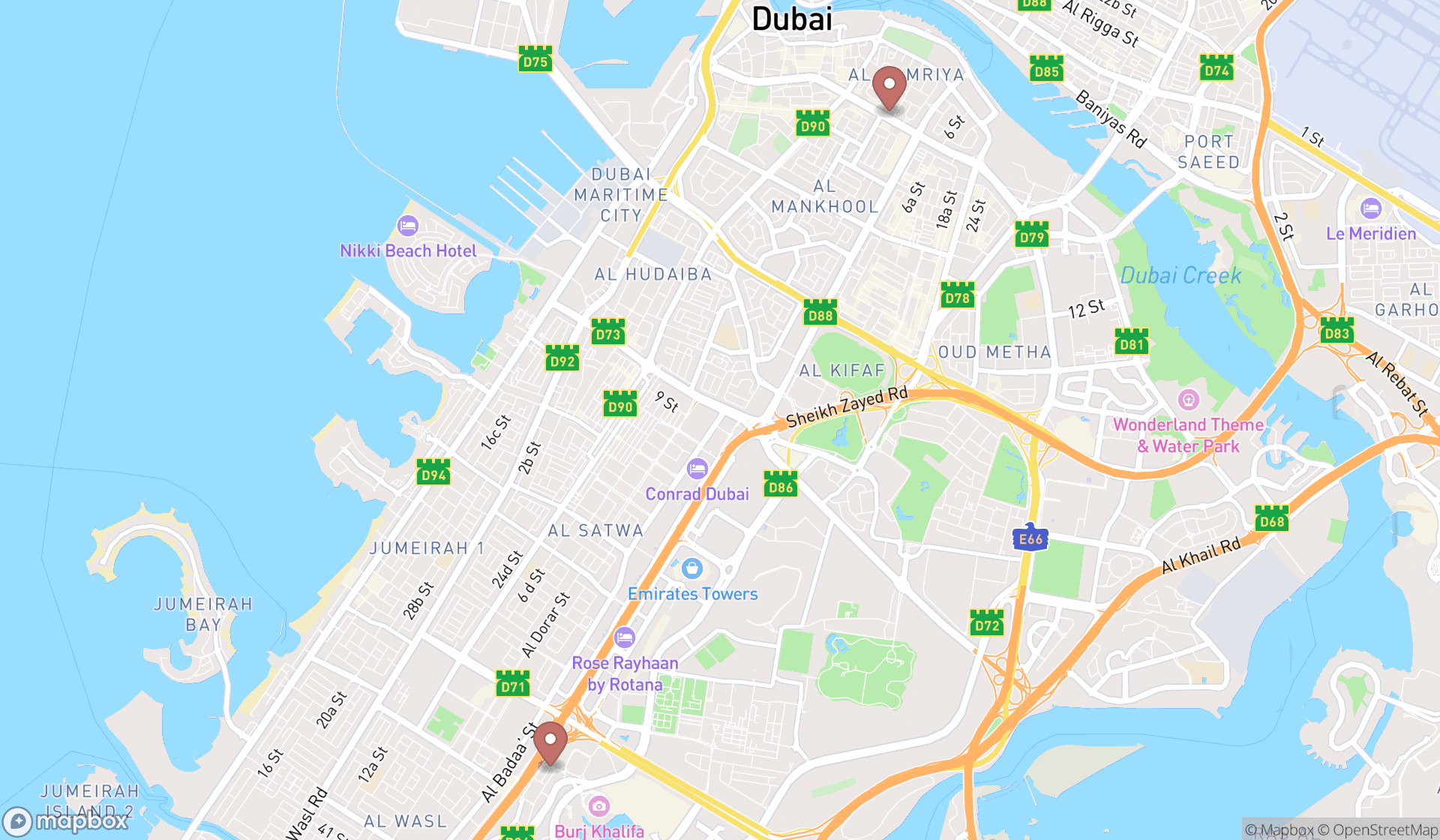 Map showing the search results in Dubai