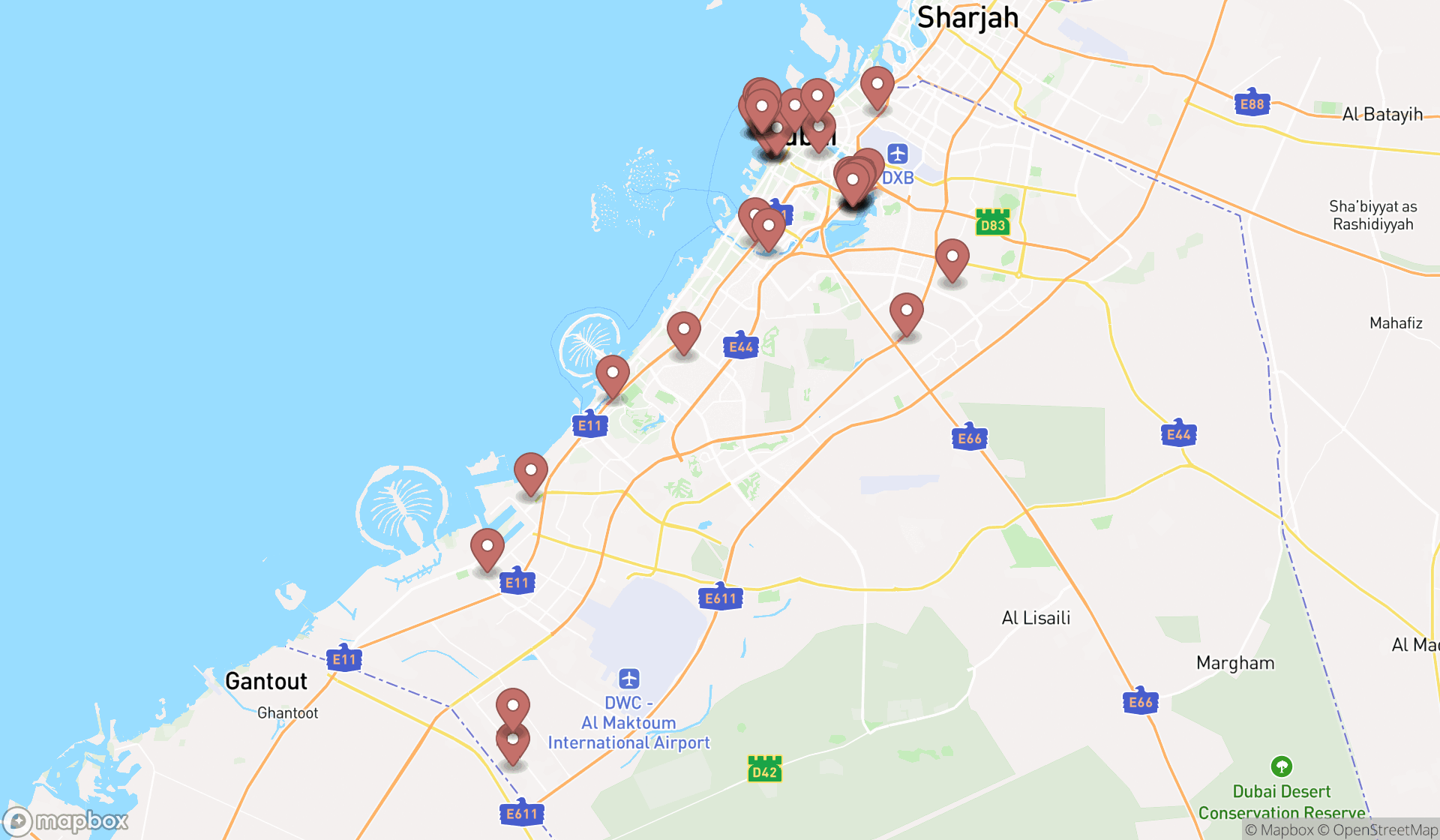Map showing the search results in Dubai