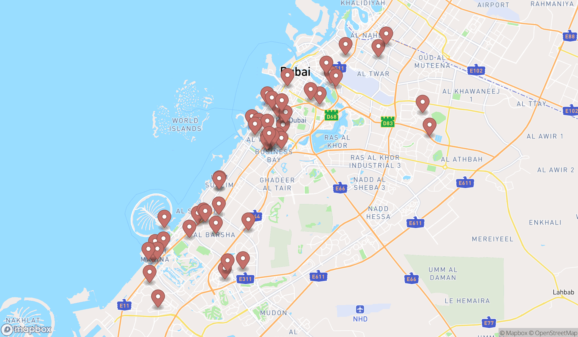 Map showing the search results in Dubai