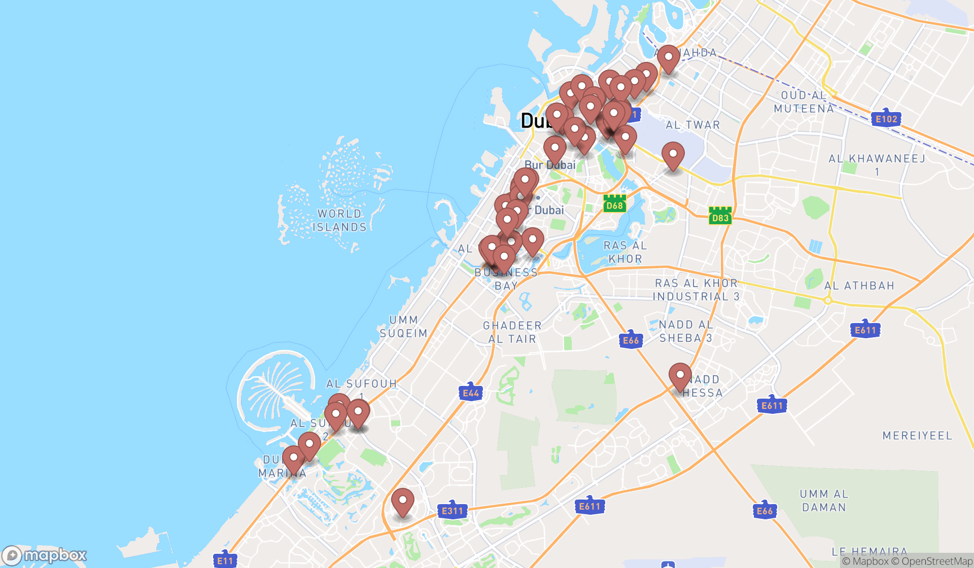 Map showing the search results in Dubai