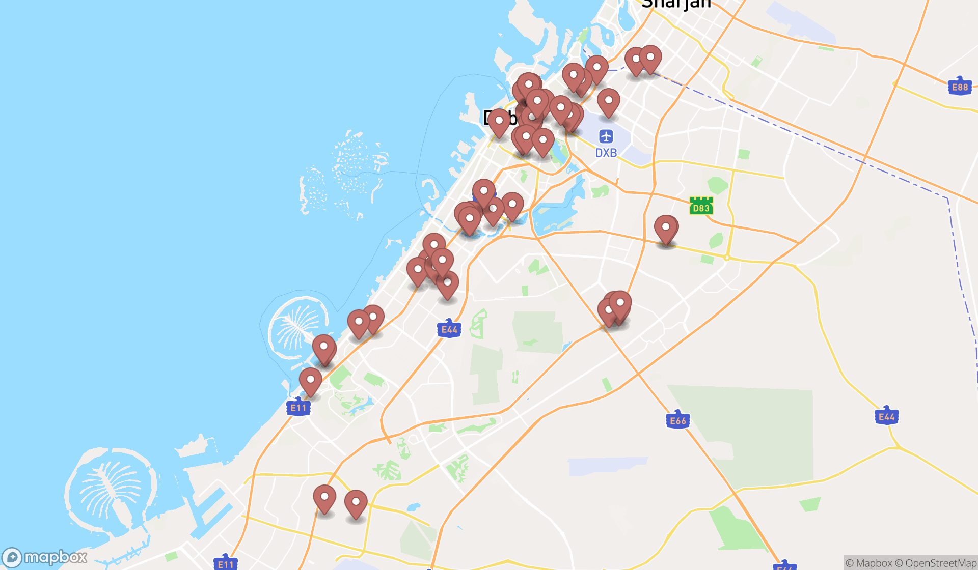 Map showing the search results in Dubai