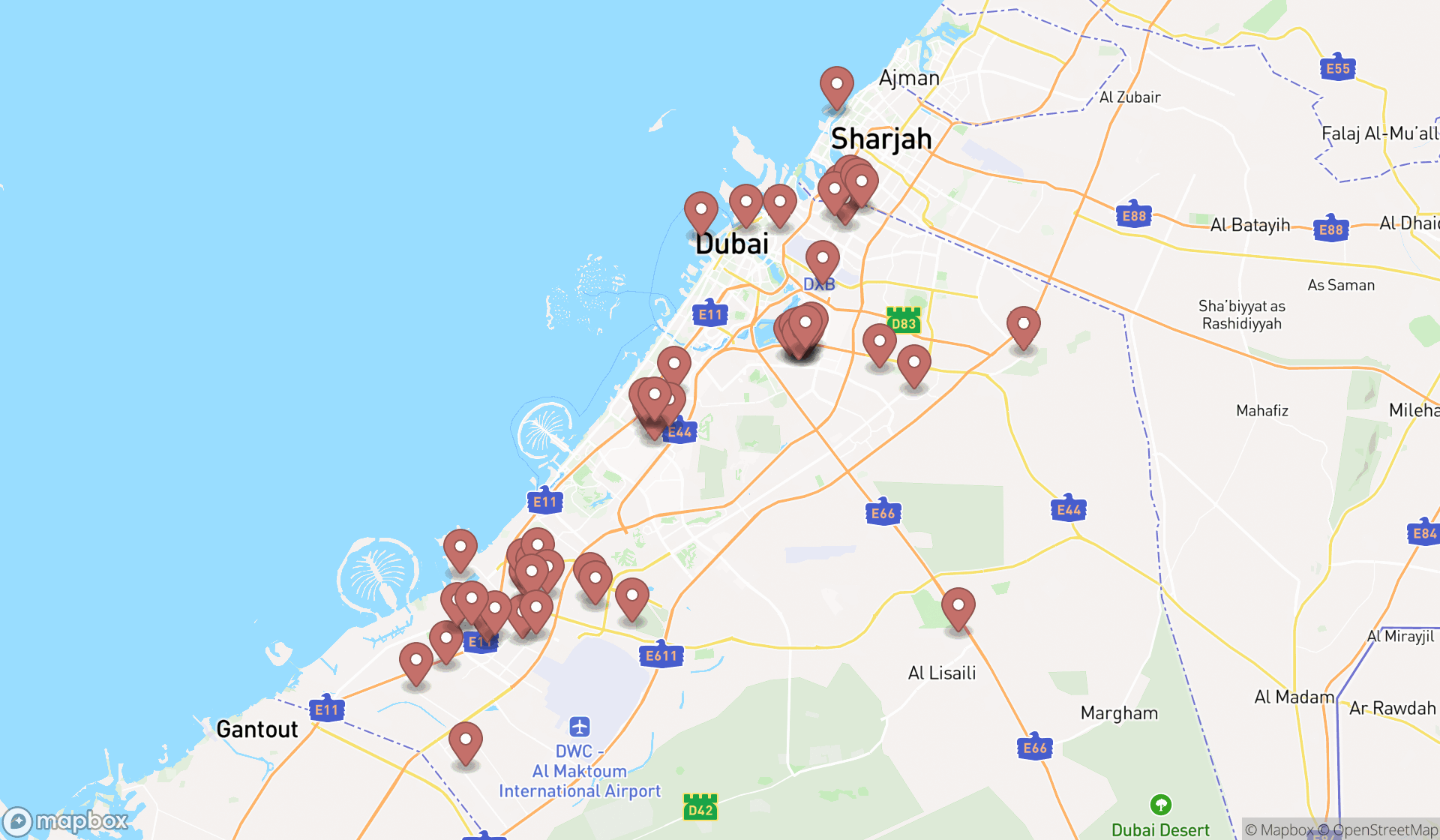 Map showing the search results in Dubai