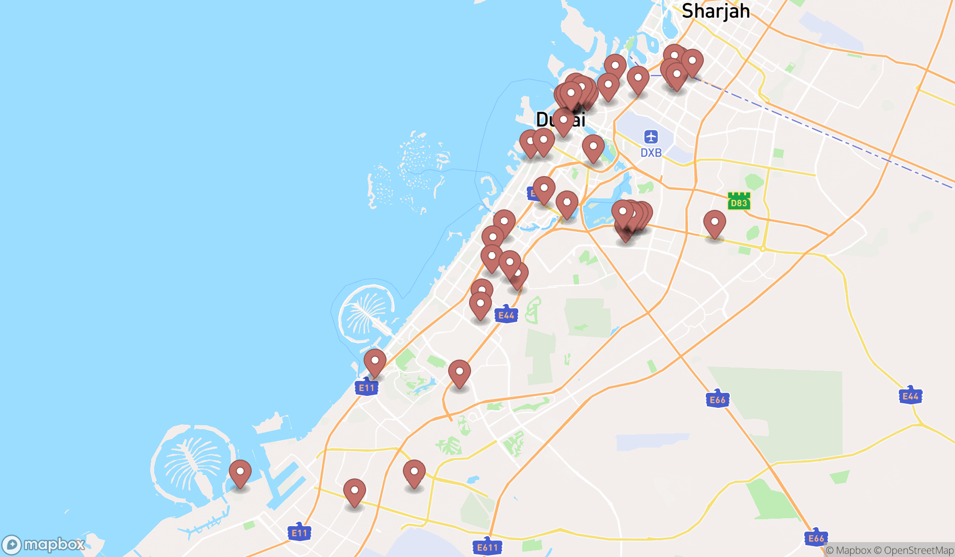 Map showing the search results in Dubai