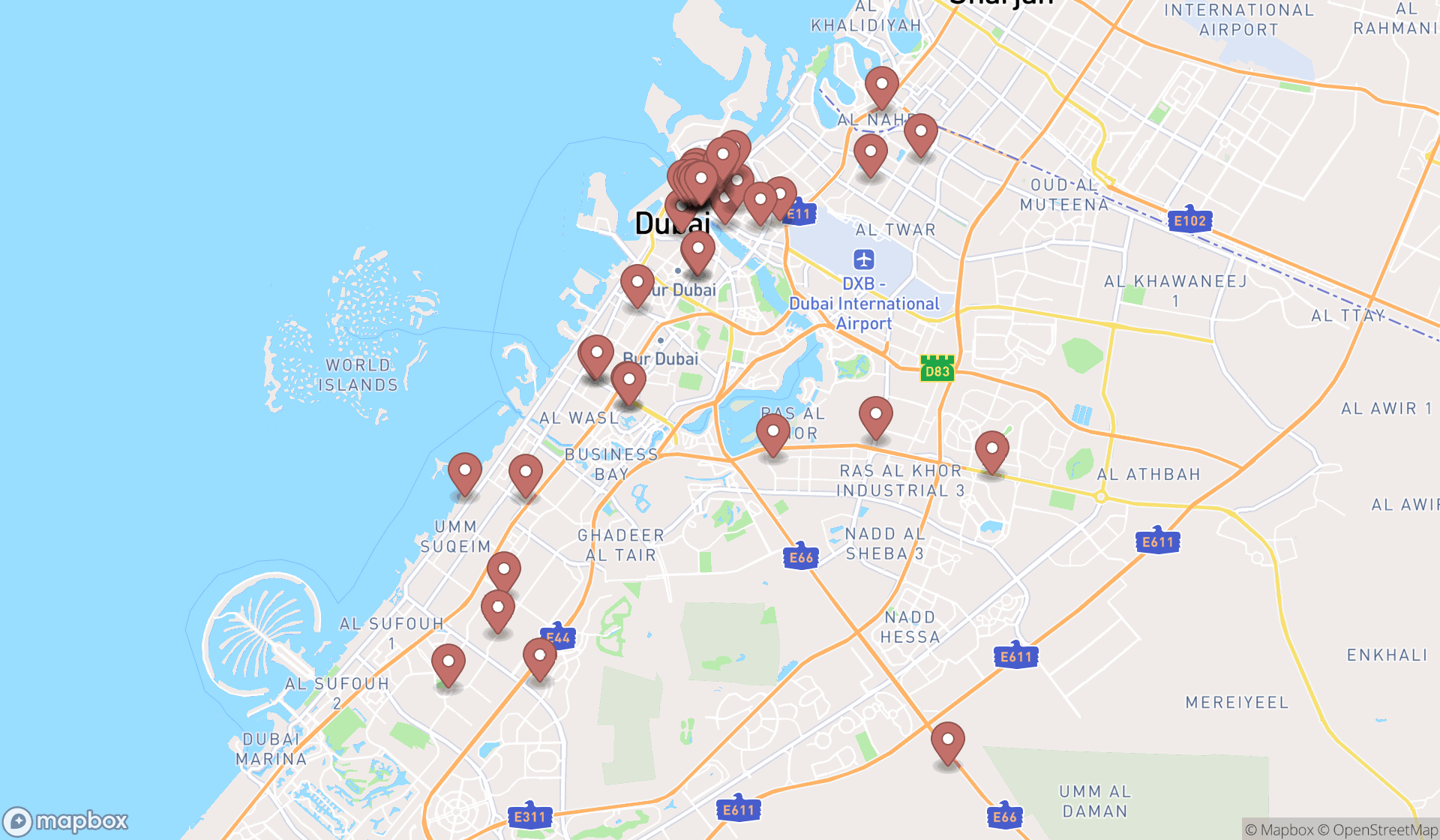 Map showing the search results in Dubai