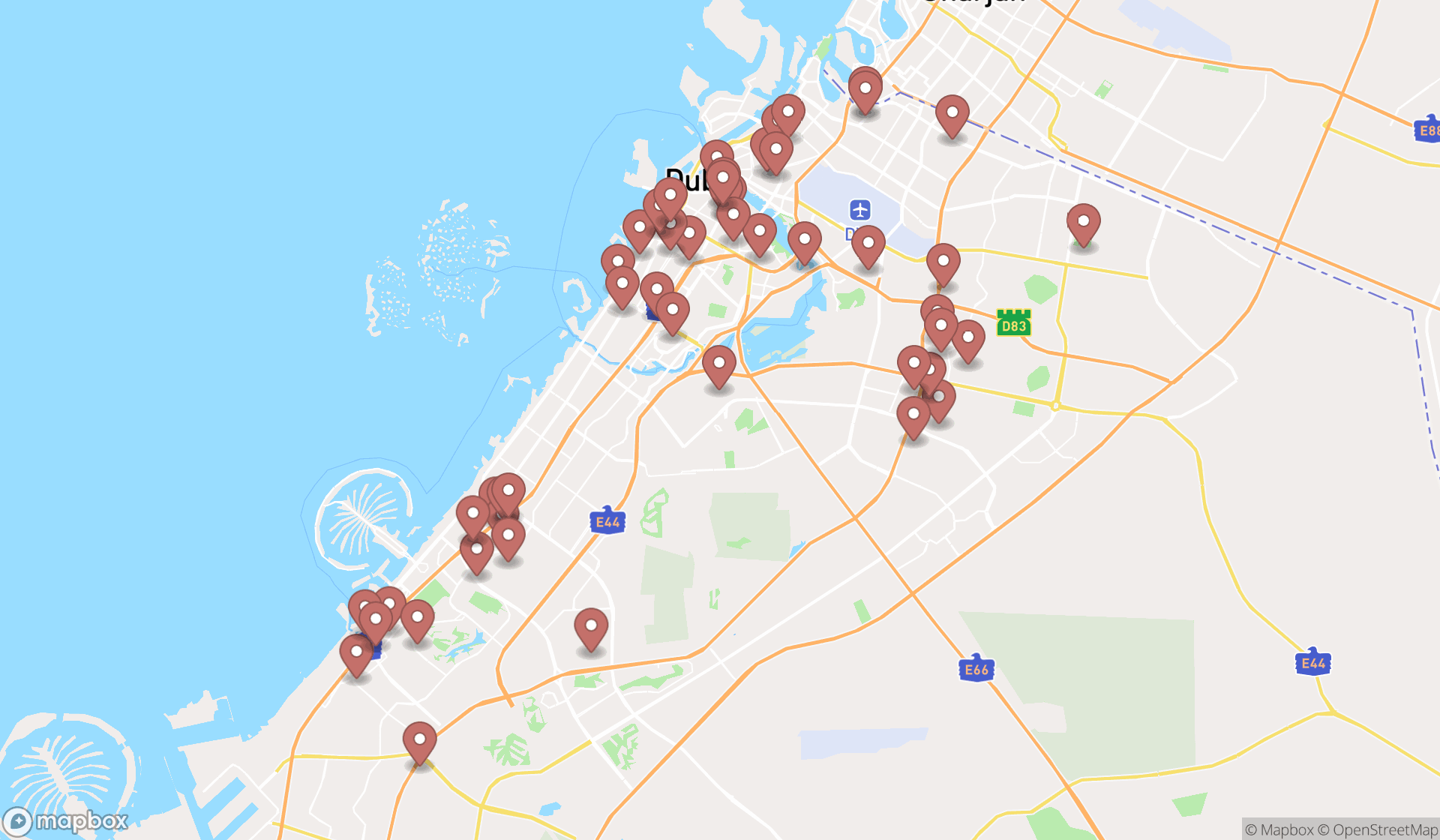 Map showing the search results in Dubai