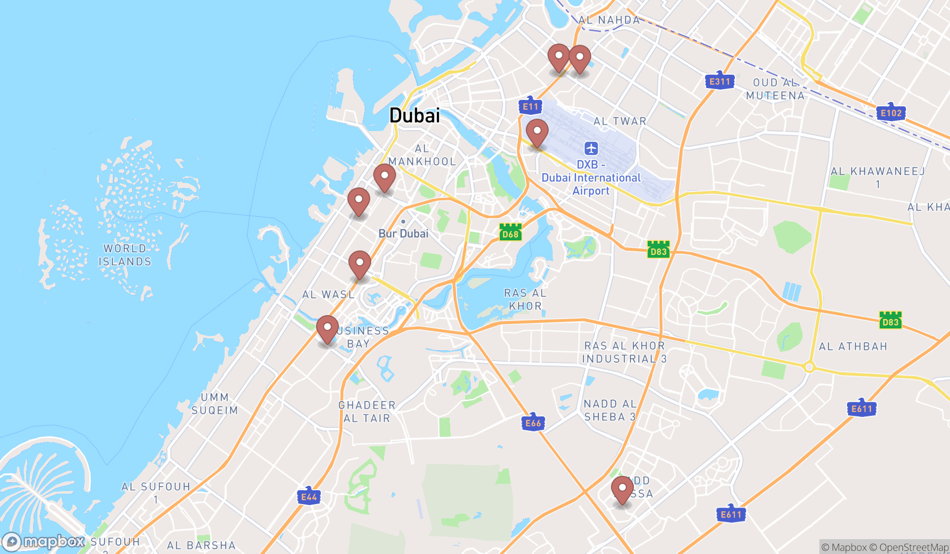 Map showing the search results in Dubai