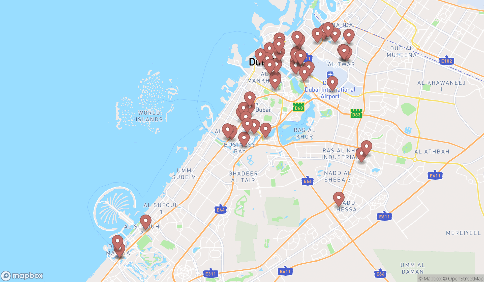 Map showing the search results in Dubai