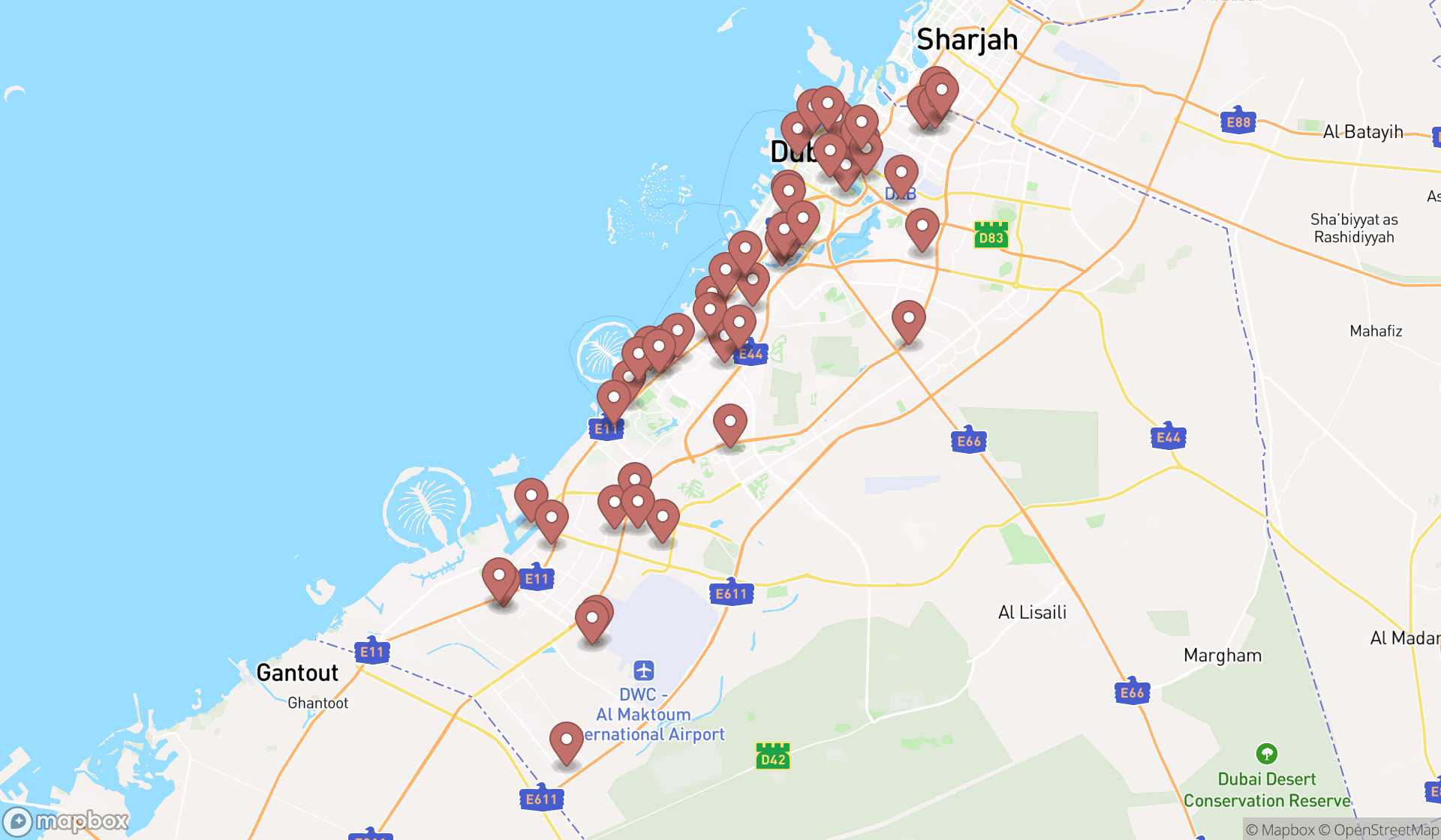 Map showing the search results in Dubai