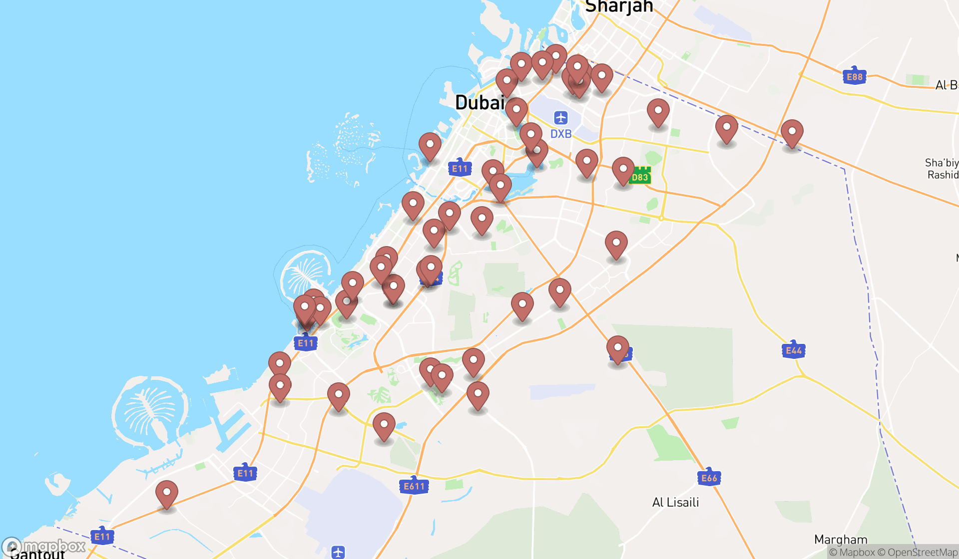 Map showing the search results in Dubai