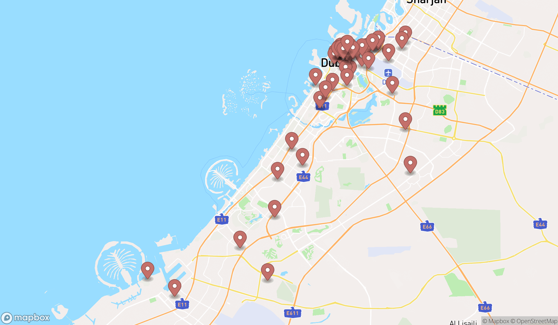 Map showing the search results in Dubai