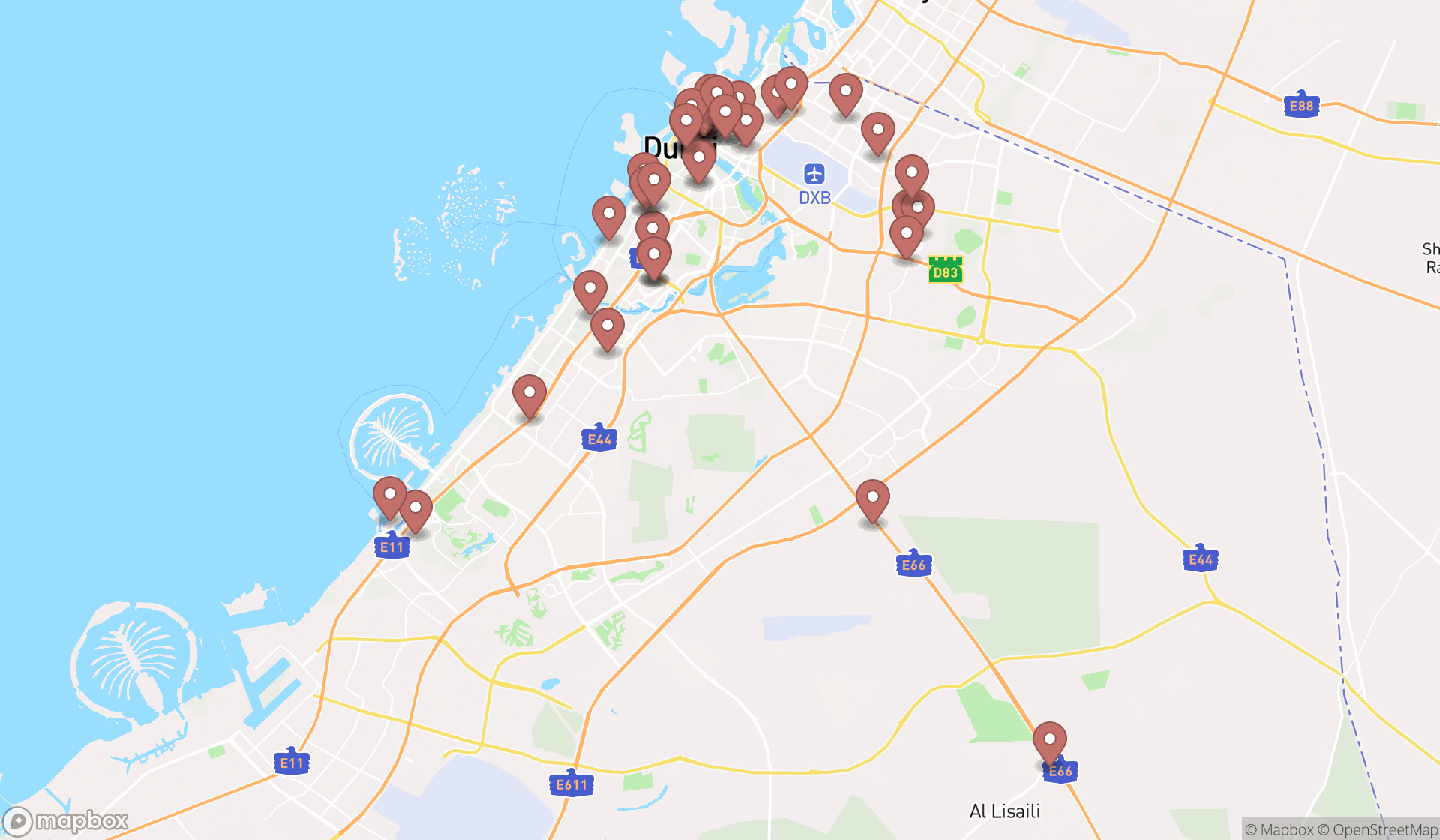 Map showing the search results in Dubai