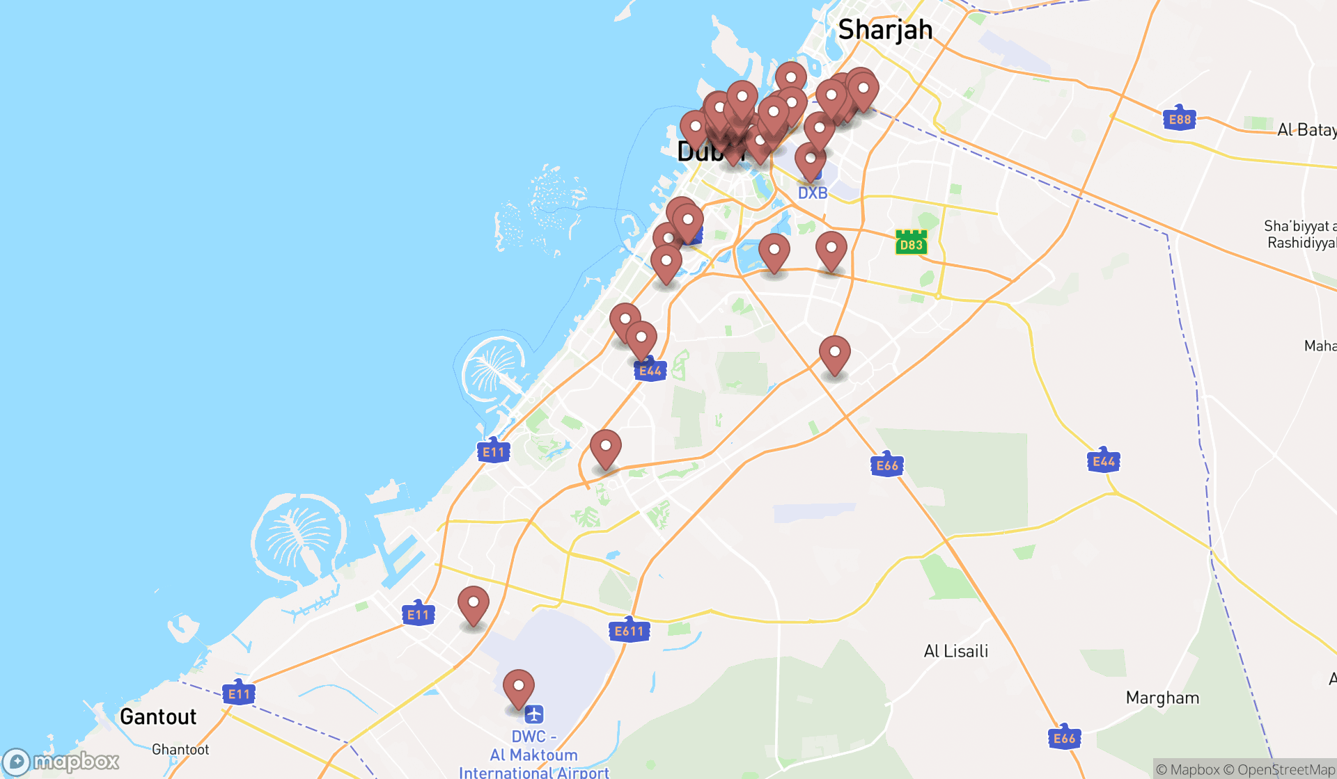 Map showing the search results in Dubai