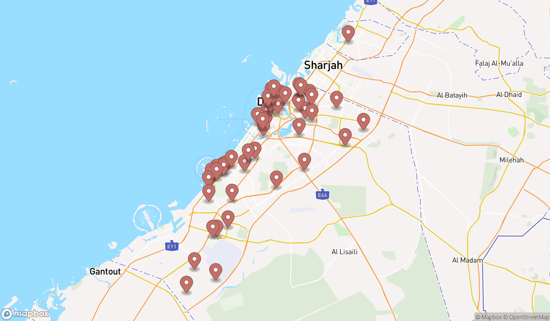 Map showing the search results in Dubai