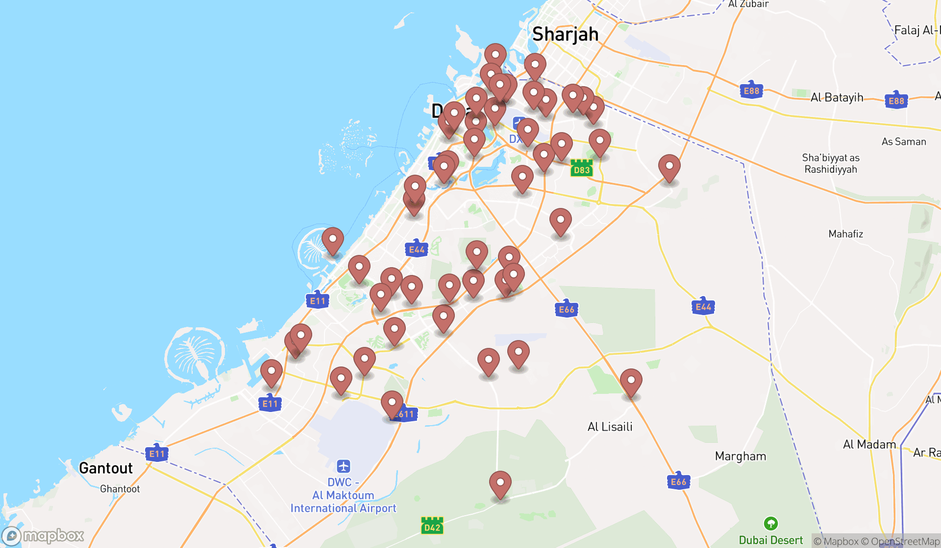 Map showing the search results in Dubai