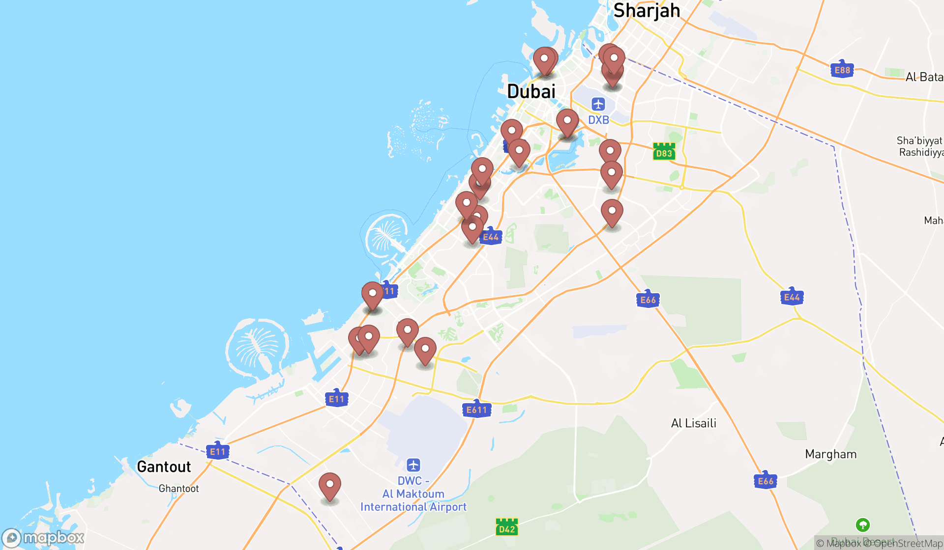 Map showing the search results in Dubai