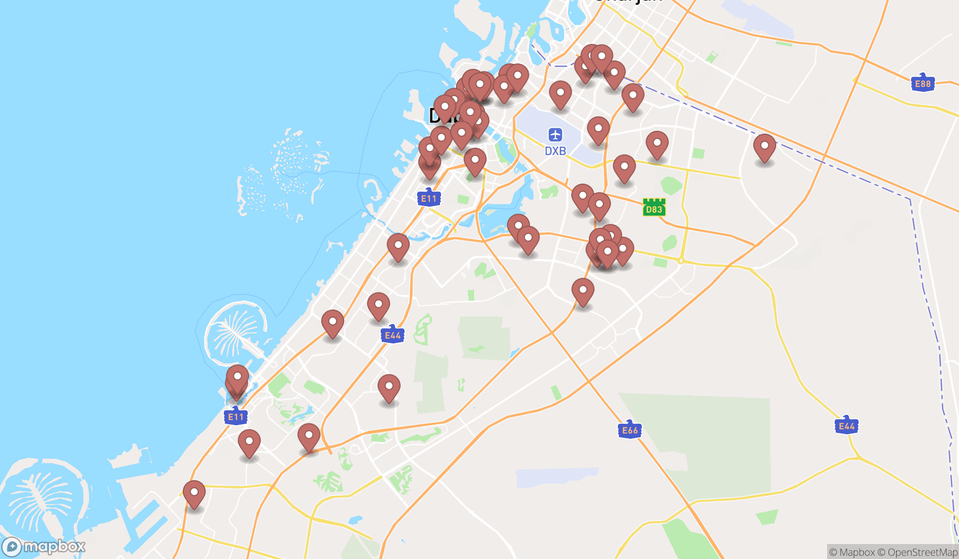 Map showing the search results in Dubai