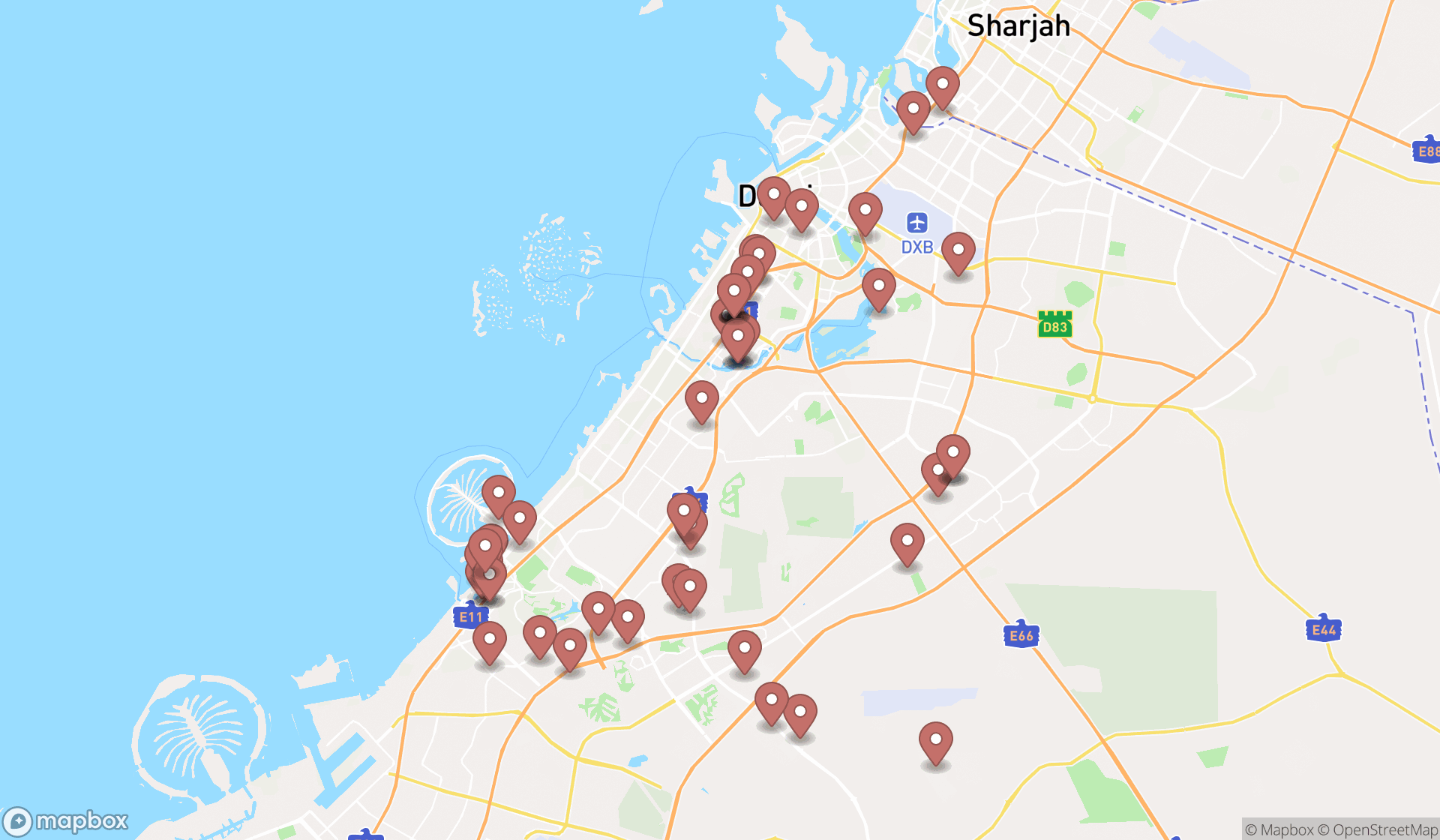 Map showing the search results in Dubai