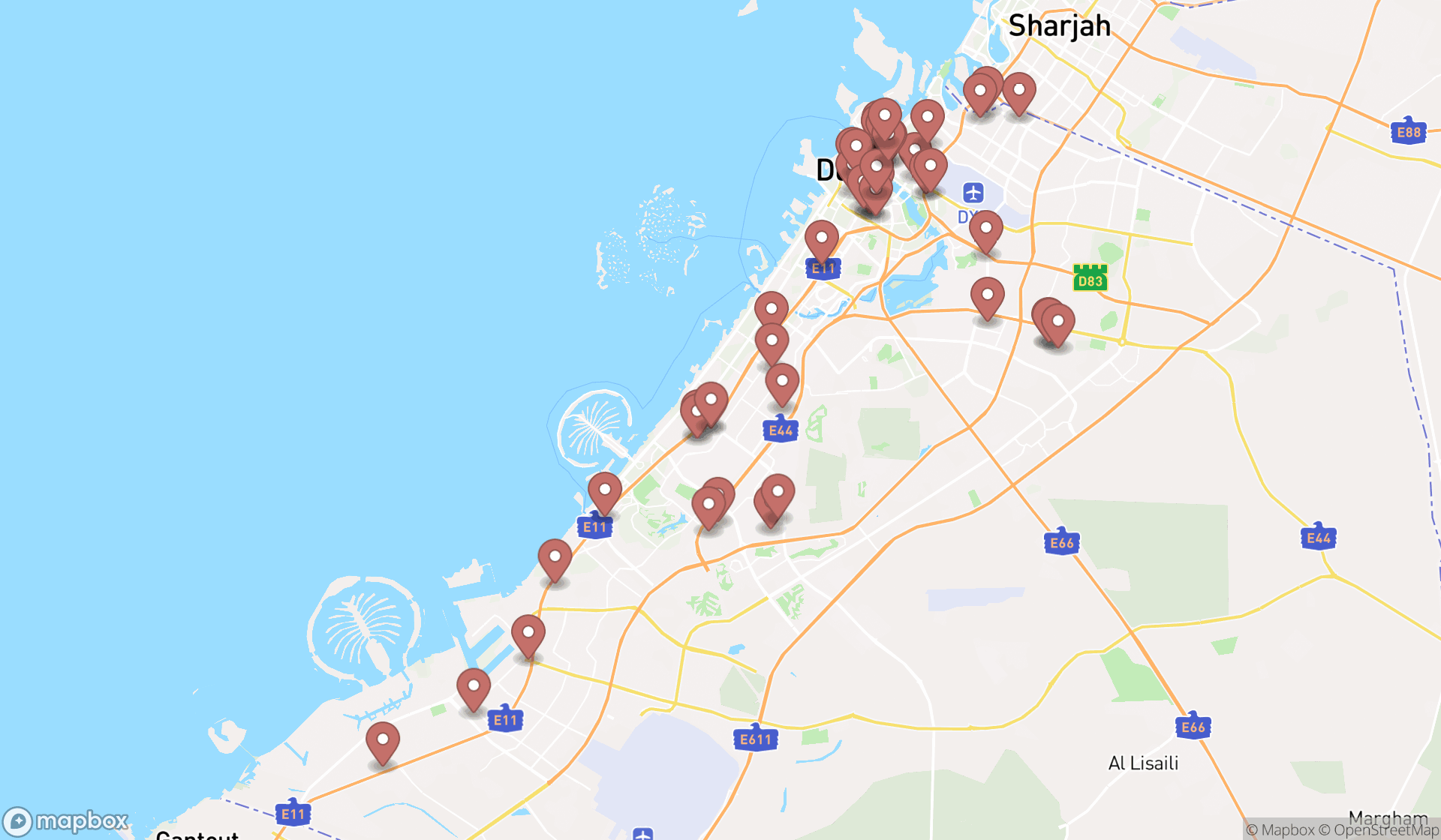 Map showing the search results in Dubai