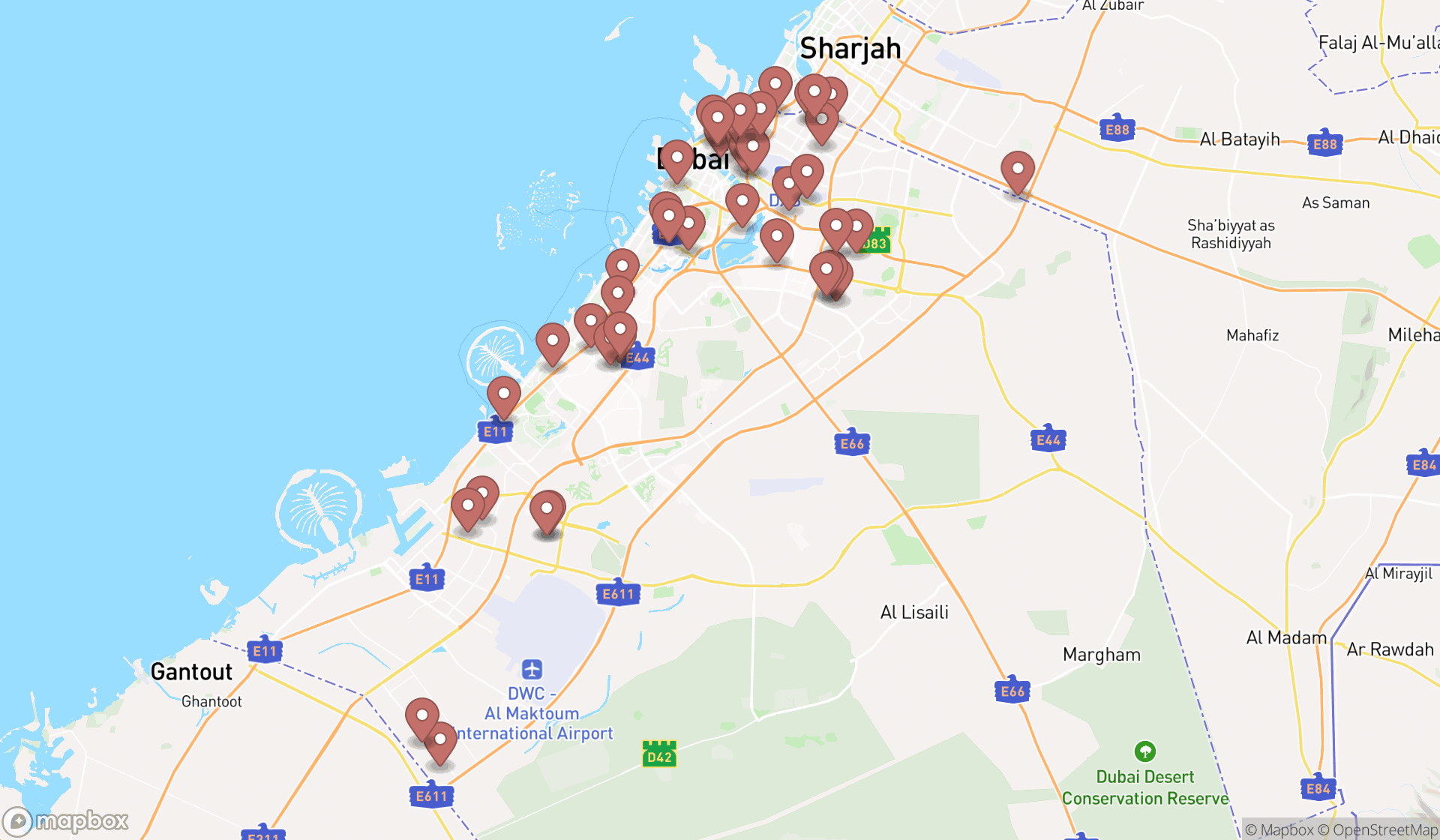 Map showing the search results in Dubai