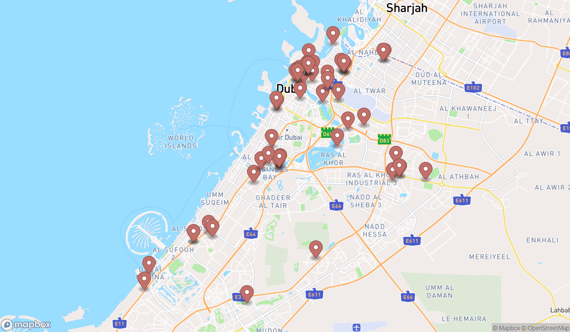 Map showing the search results in Dubai