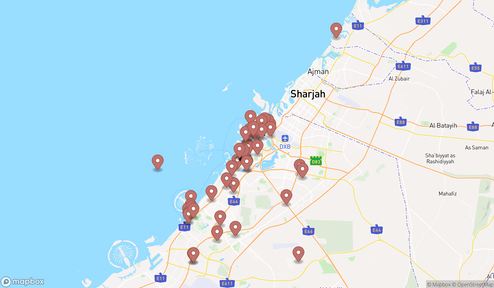 Map showing the search results in Dubai