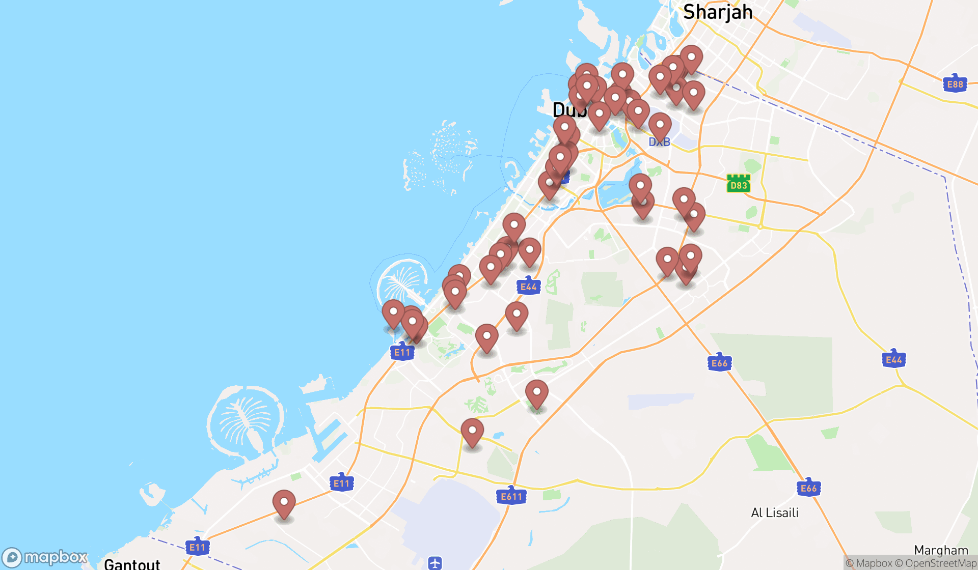 Map showing the search results in Dubai
