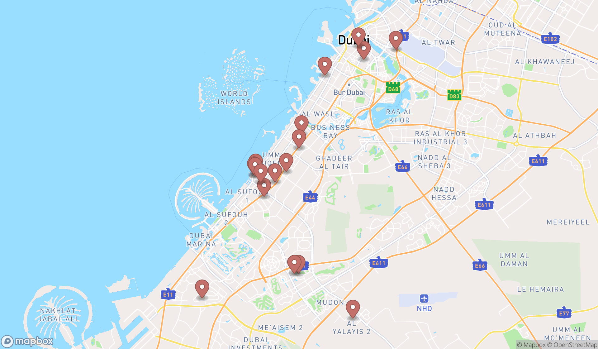 Map showing the search results in Dubai