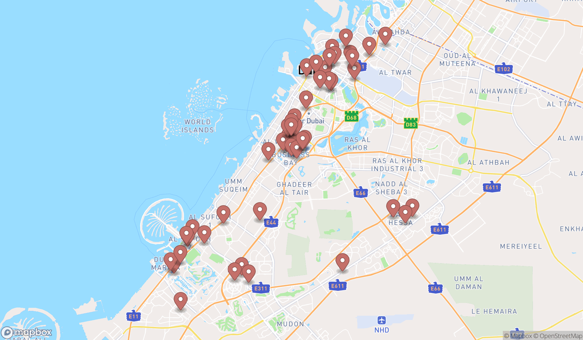 Map showing the search results in Dubai