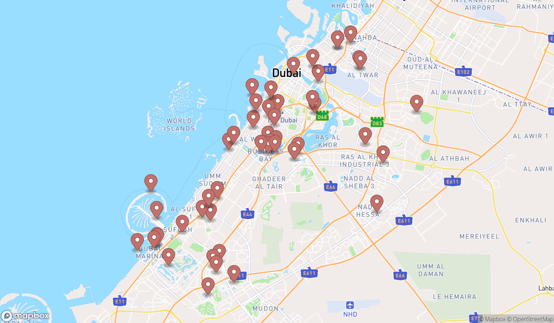 Map showing the search results in Dubai
