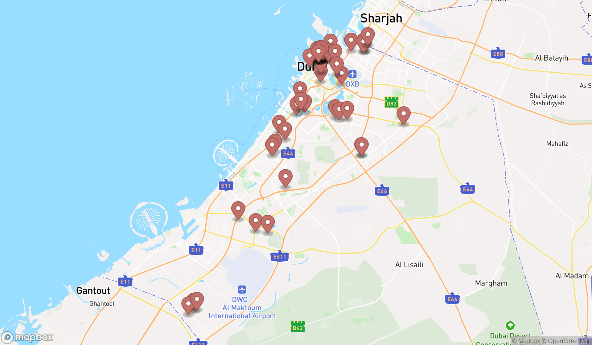Map showing the search results in Dubai