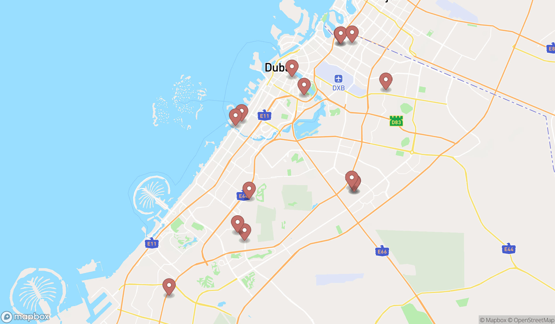 Map showing the search results in Dubai