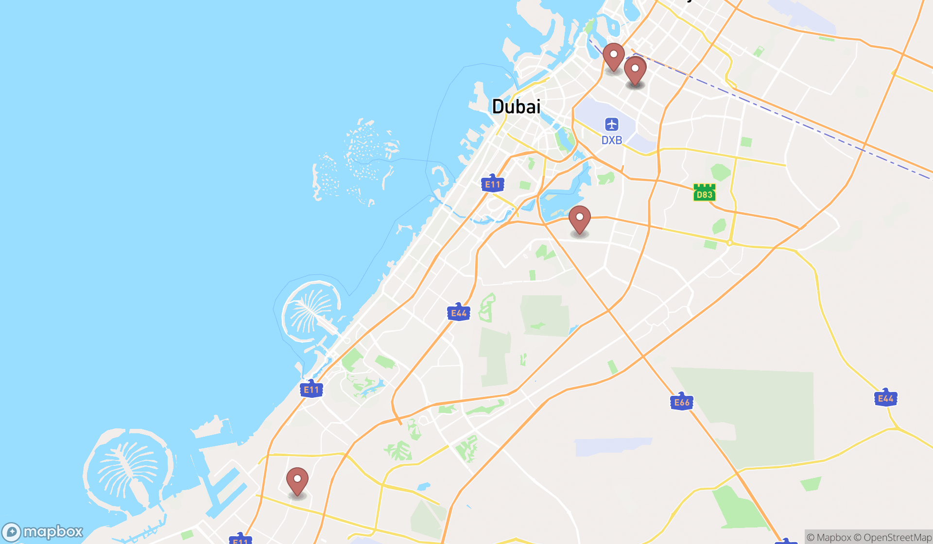 Map showing the search results in Dubai