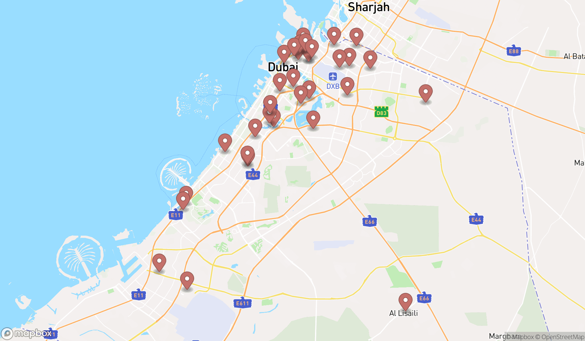 Map showing the search results in Dubai