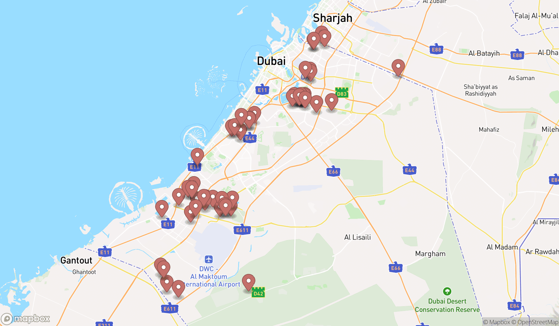 Map showing the search results in Dubai