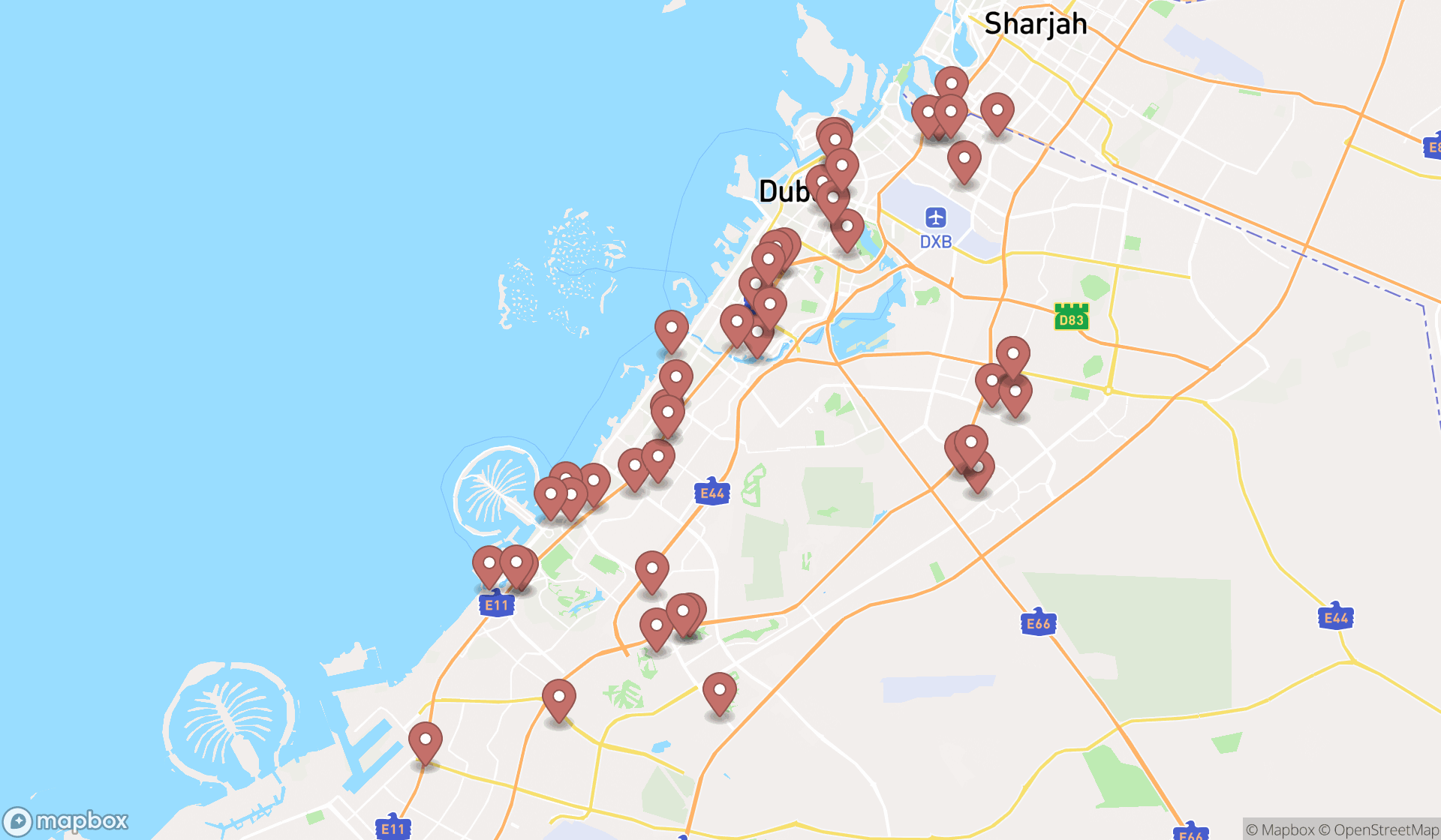 Map showing the search results in Dubai