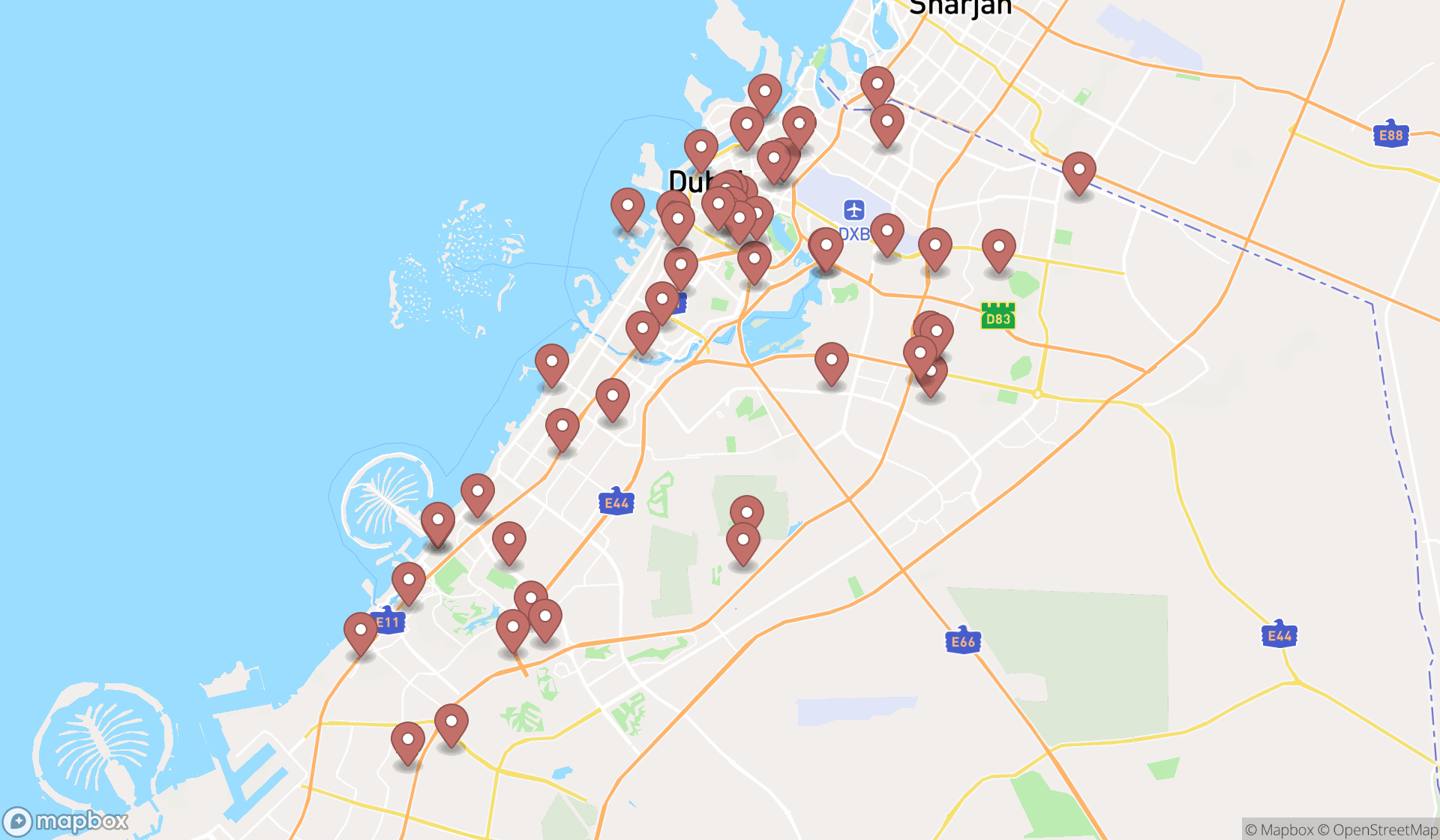 Map showing the search results in Dubai