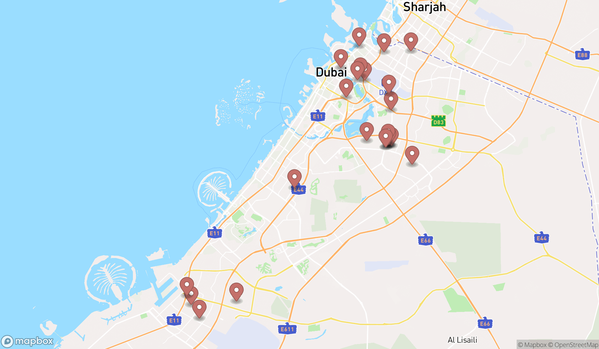 Map showing the search results in Dubai