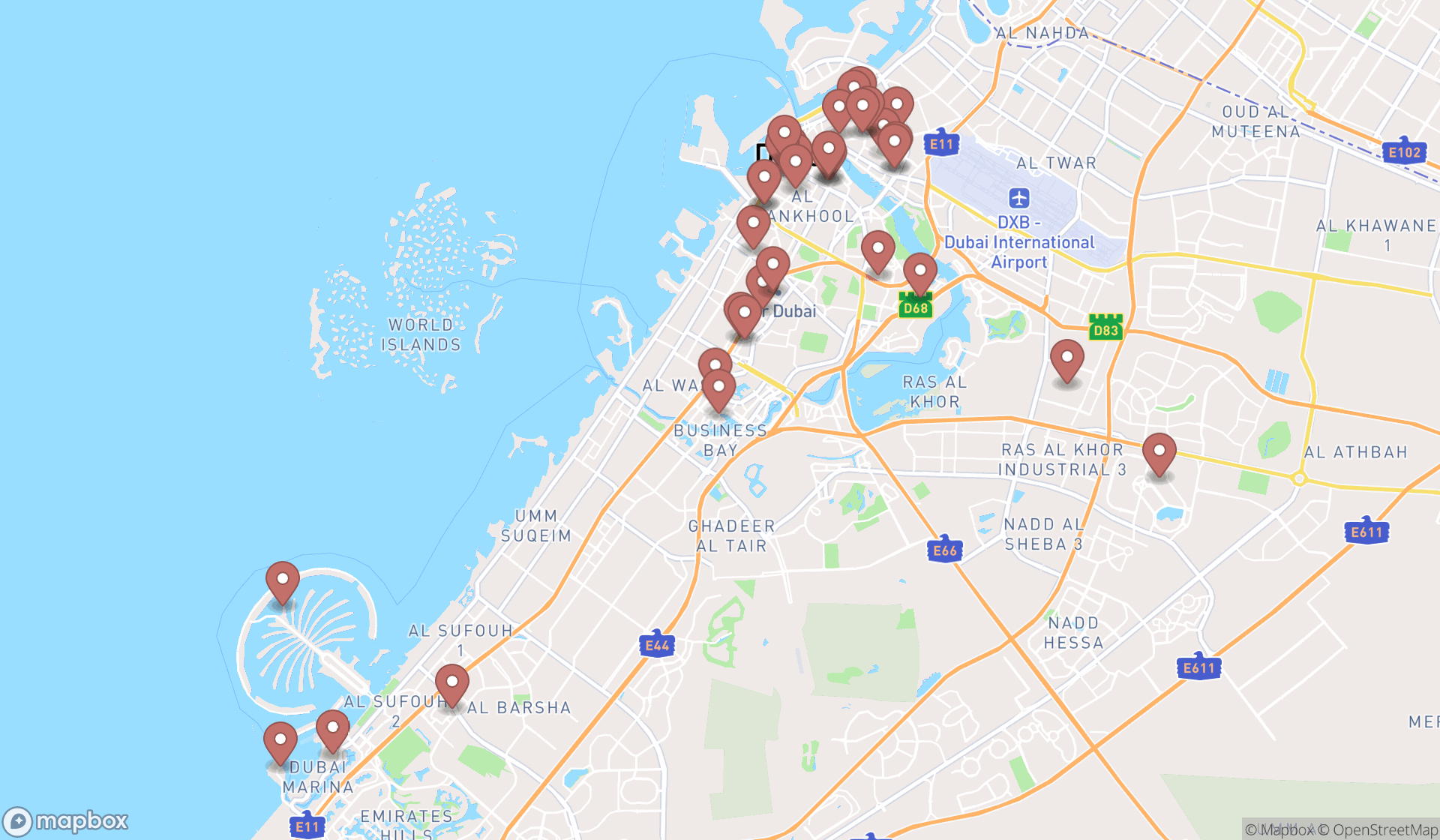 Map showing the search results in Dubai