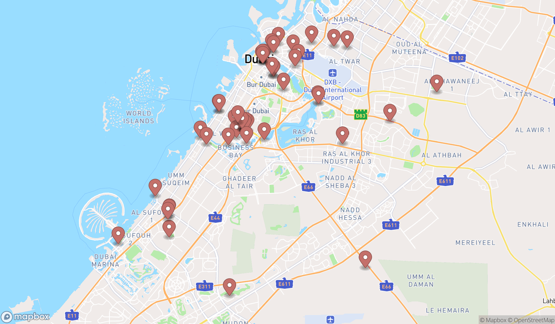 Map showing the search results in Dubai