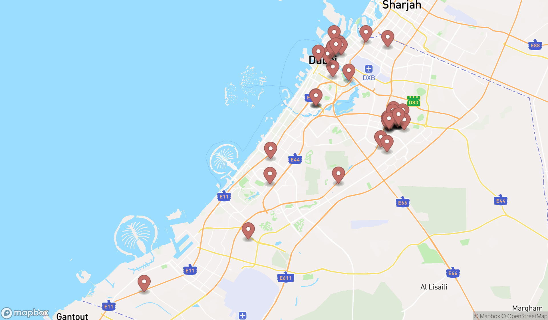 Map showing the search results in Dubai