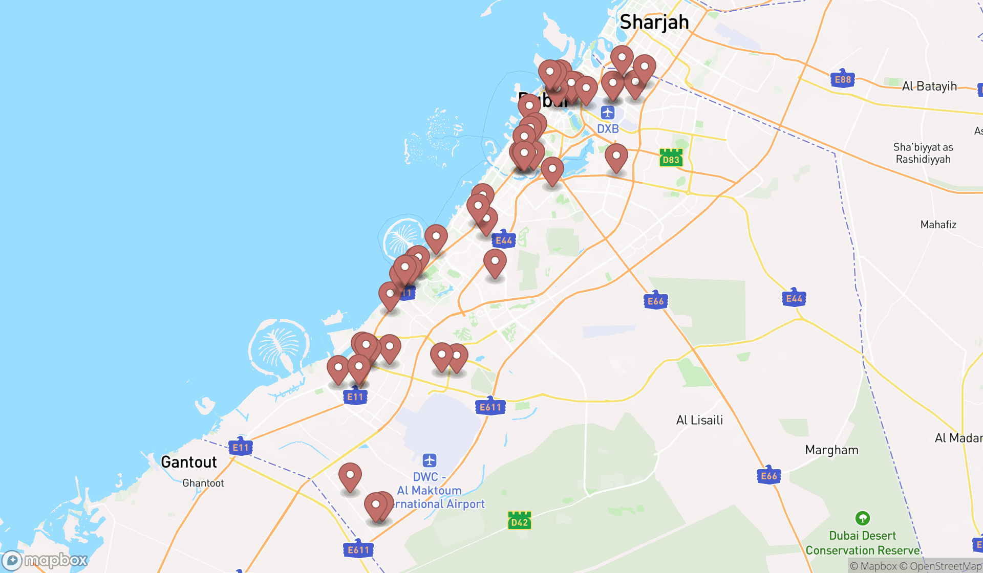 Map showing the search results in Dubai